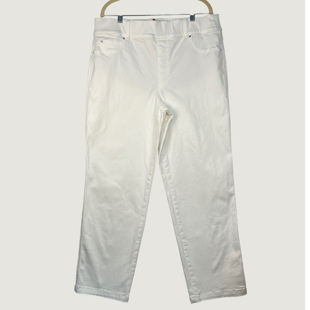 SPANX White Straight Leg Jeans Women 2X Tall Long Pull On Denim Slimming Stretch
